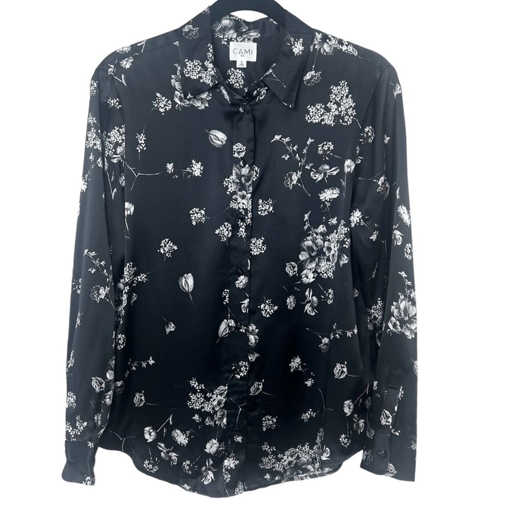 CAMI NYC Crosby Button Front Silk Long Sleeve Blouse Top Black White Sz S